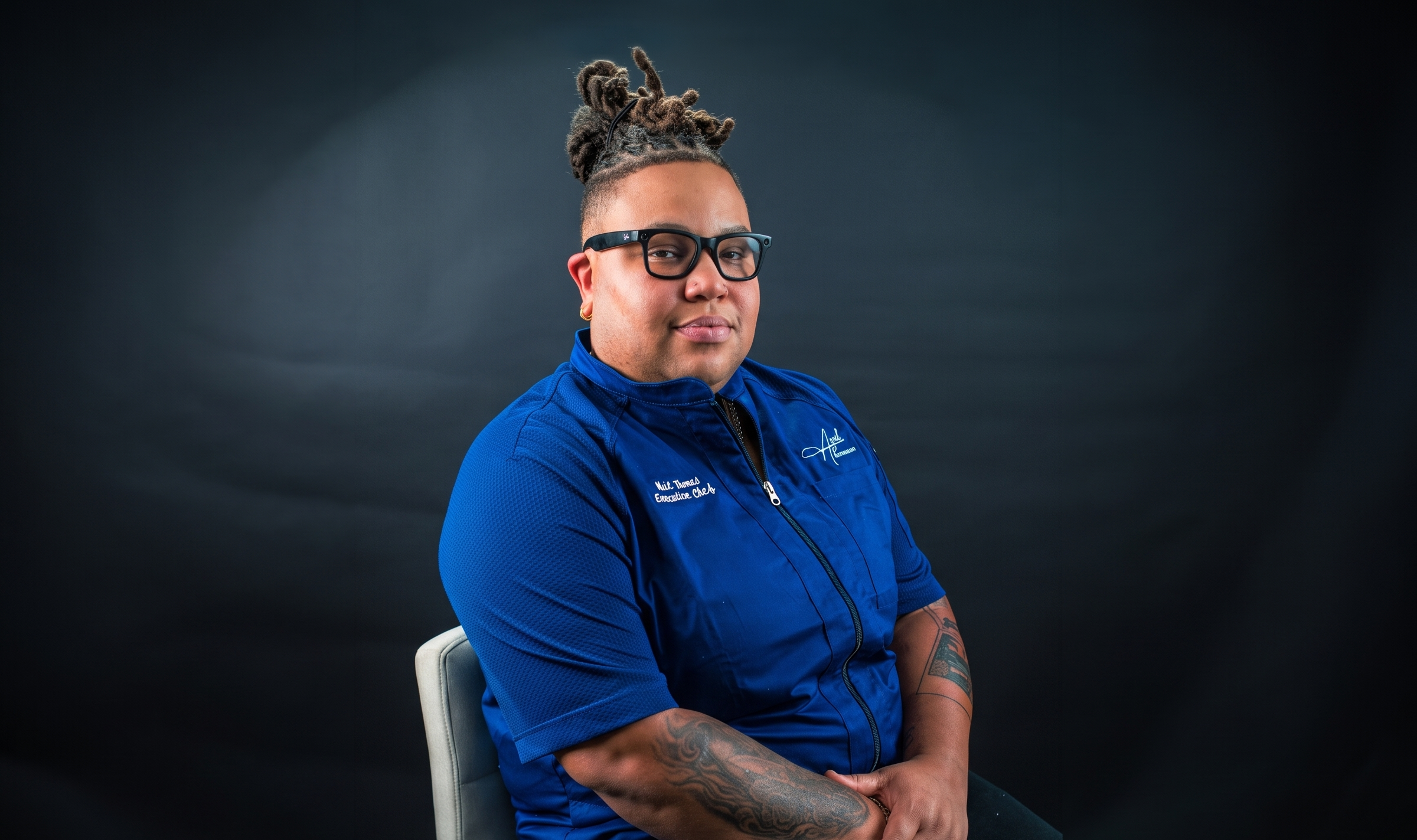 Whitney Thomas, a person with glasses and tattoos, wearing a blue collared shirt with embroidered text, sits on a chair against a dark background, facing slightly to the left.