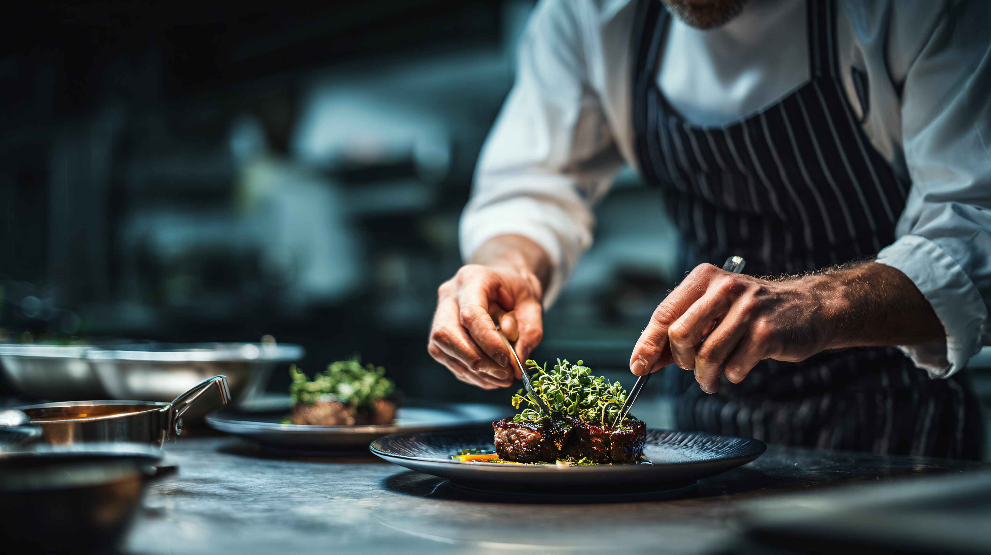 A chef in a striped apron carefully plating a gourmet dish with greens in a professional kitchen.