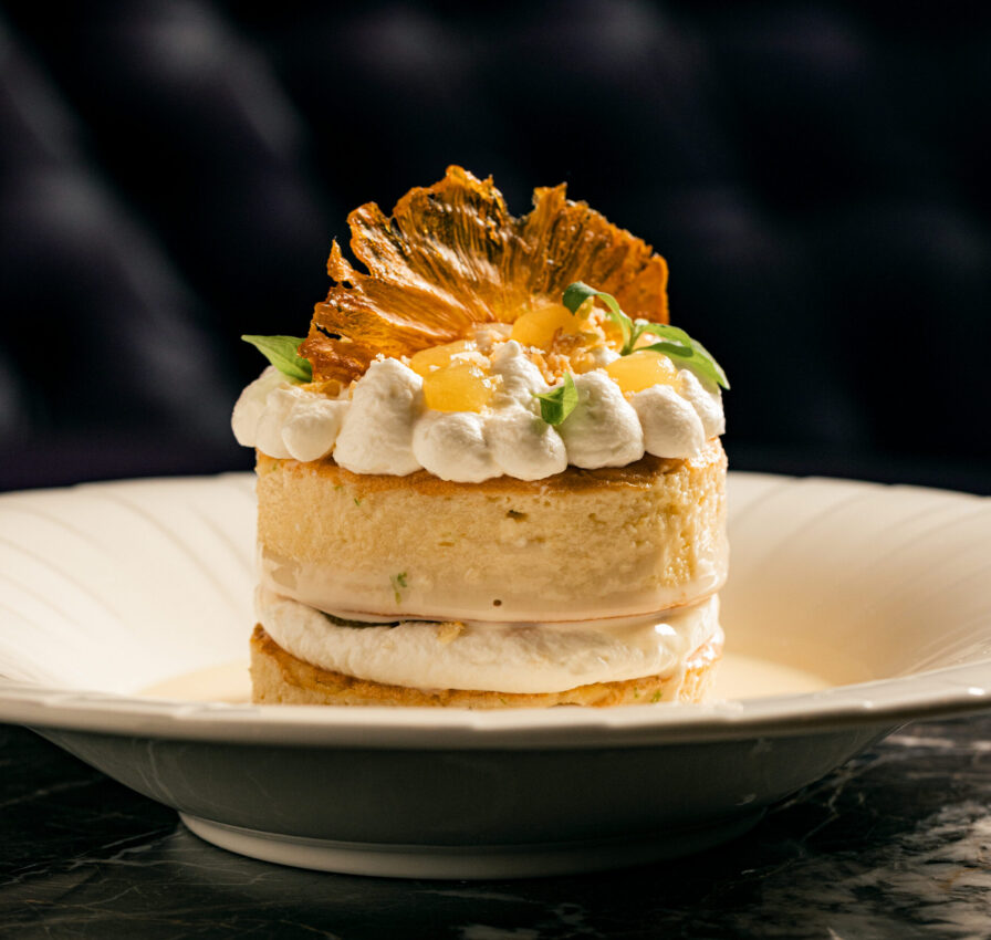 A plated dessert with two sponge cake layers, whipped cream, diced fruit, and a dried pineapple slice on top, served in a shallow dish with sauce.