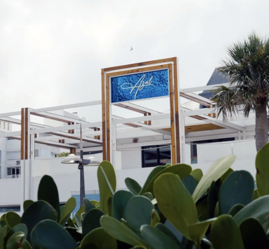 A modern building with a blue sign reading "Azul" is partially obscured by green plants. A palm tree stands to the right of the structure.